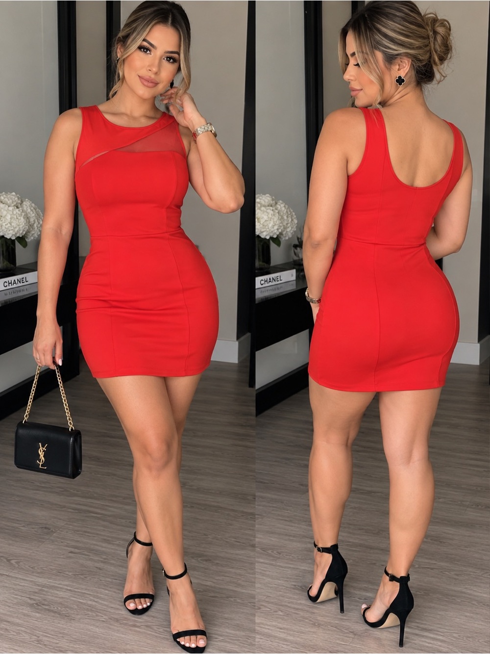 Guess Red Sleeveless Mini Dress with Sheer Yoke